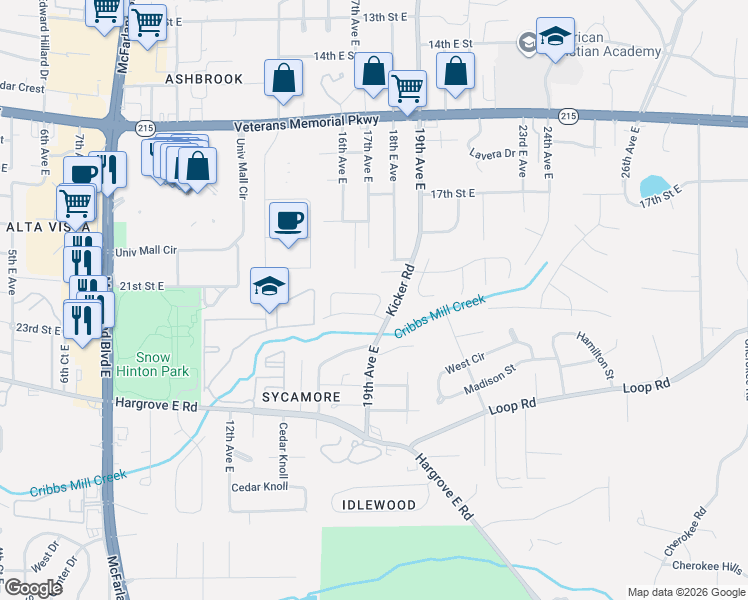 map of restaurants, bars, coffee shops, grocery stores, and more near 1714 21st Street East in Tuscaloosa
