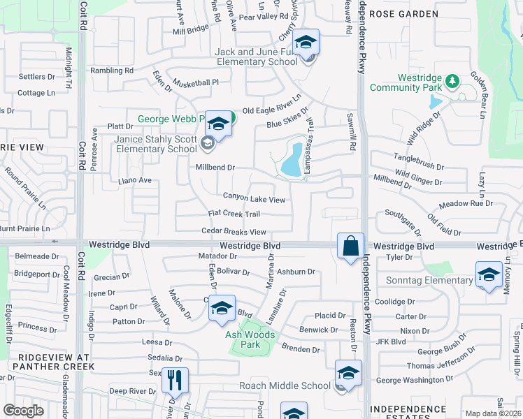 map of restaurants, bars, coffee shops, grocery stores, and more near 10221 Flat Creek Trail in McKinney