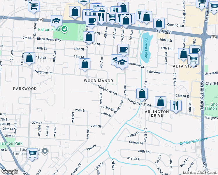 map of restaurants, bars, coffee shops, grocery stores, and more near 304 Hargrove Road in Tuscaloosa