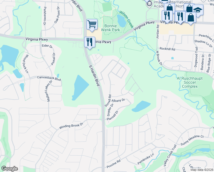 map of restaurants, bars, coffee shops, grocery stores, and more near 620 Denton Creek Drive in McKinney