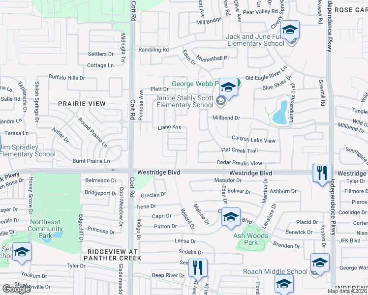 map of restaurants, bars, coffee shops, grocery stores, and more near 13148 Edgemont Lane in Frisco