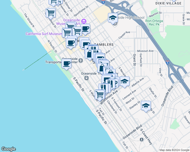 map of restaurants, bars, coffee shops, grocery stores, and more near 421 South Tremont Street in Oceanside