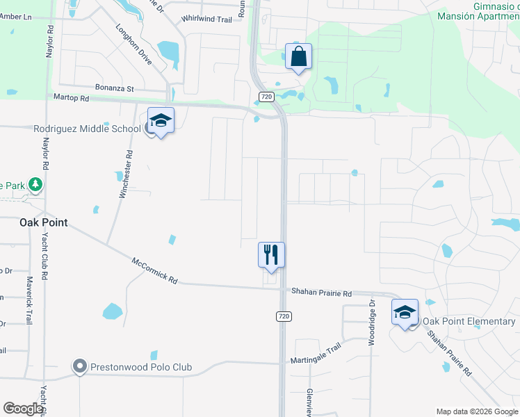map of restaurants, bars, coffee shops, grocery stores, and more near 3291-3299 Farm to Market 720 in Oak Point