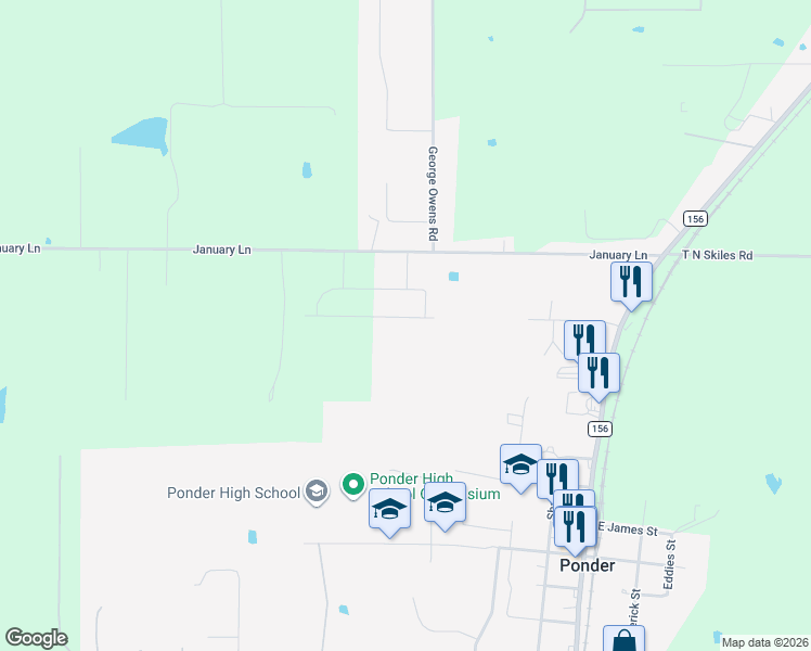 map of restaurants, bars, coffee shops, grocery stores, and more near 205 King George Road in Ponder