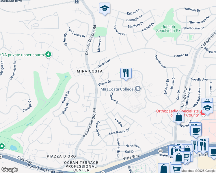 map of restaurants, bars, coffee shops, grocery stores, and more near 2335 Rancho Del Oro Road in Oceanside