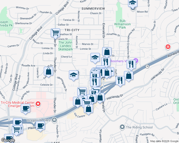 map of restaurants, bars, coffee shops, grocery stores, and more near 1901 West Drive in Vista
