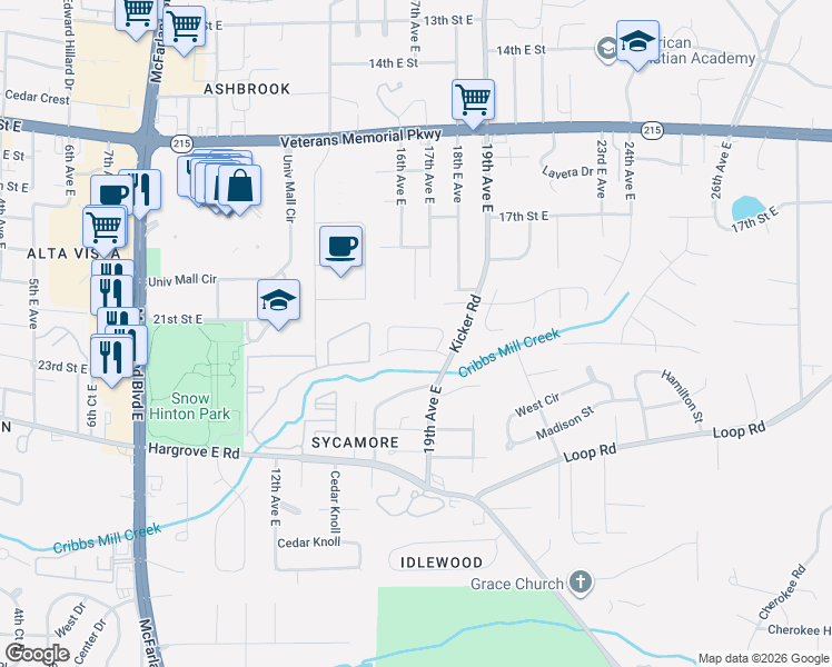 map of restaurants, bars, coffee shops, grocery stores, and more near 1612 Carriage Lane East in Tuscaloosa