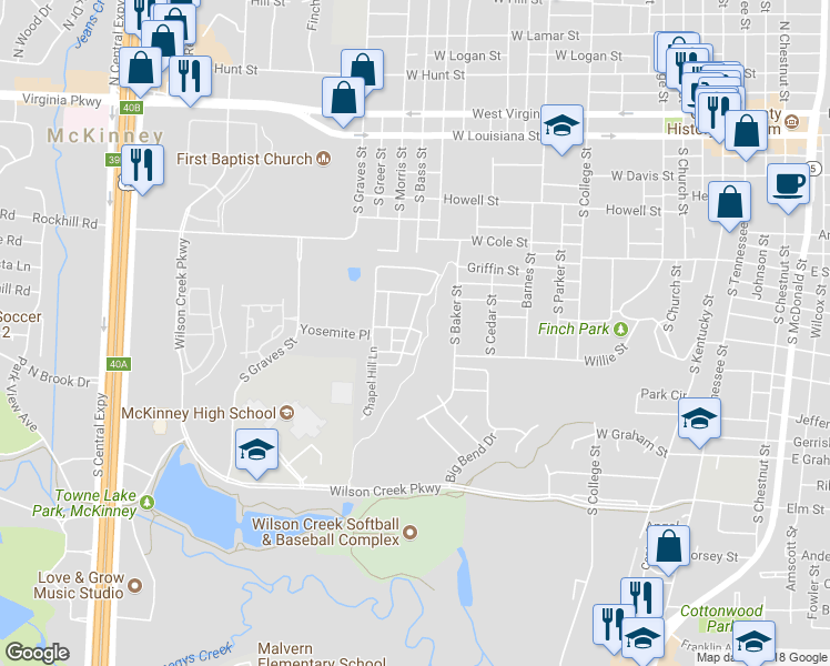 map of restaurants, bars, coffee shops, grocery stores, and more near 900 Hermitage Lane in McKinney