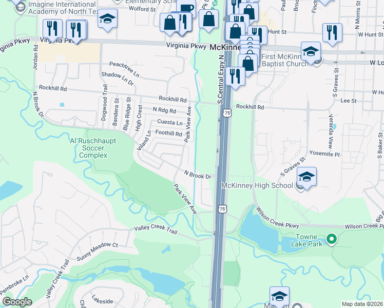 map of restaurants, bars, coffee shops, grocery stores, and more near 2214 Brookview Drive in McKinney