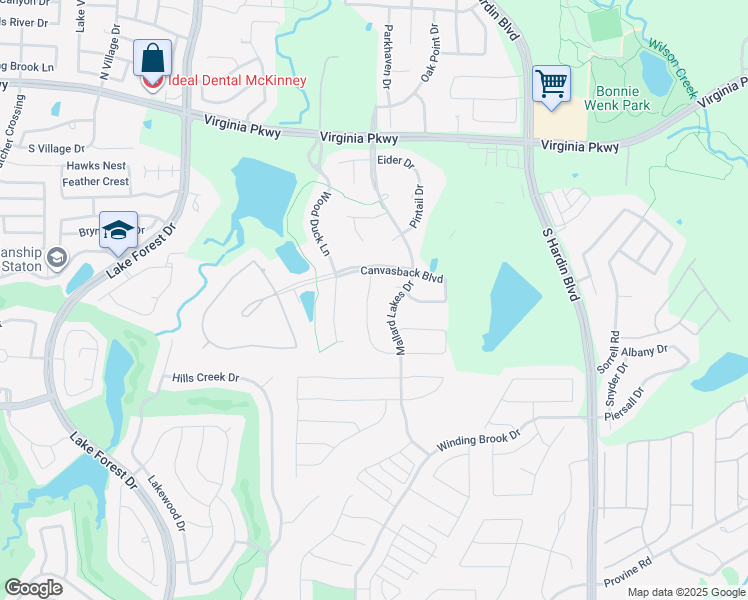 map of restaurants, bars, coffee shops, grocery stores, and more near 604 Mallard Lakes Drive in McKinney