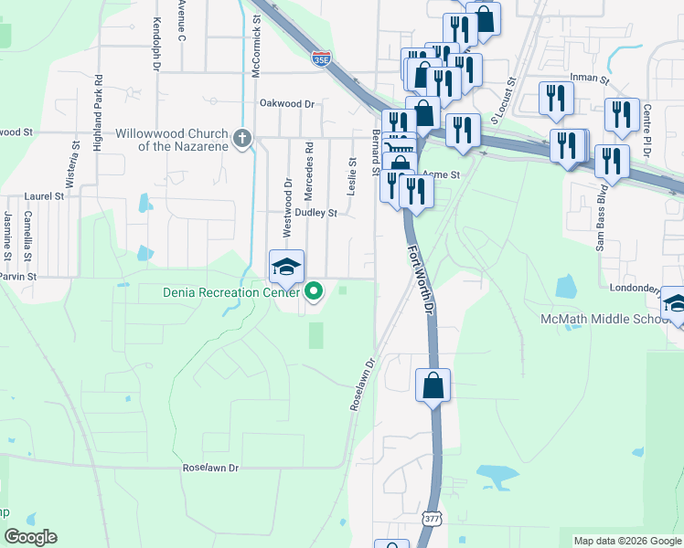 map of restaurants, bars, coffee shops, grocery stores, and more near 1000 Parvin Street in Denton
