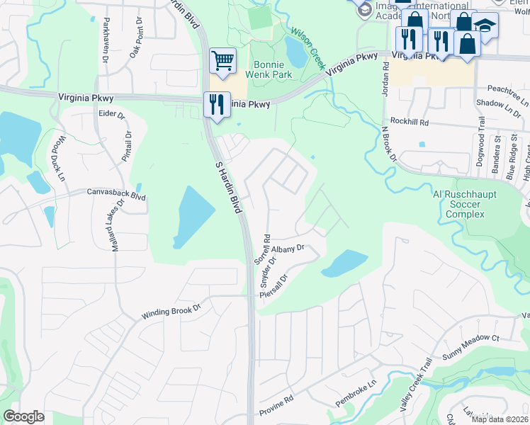 map of restaurants, bars, coffee shops, grocery stores, and more near 620 Denton Creek Drive in McKinney