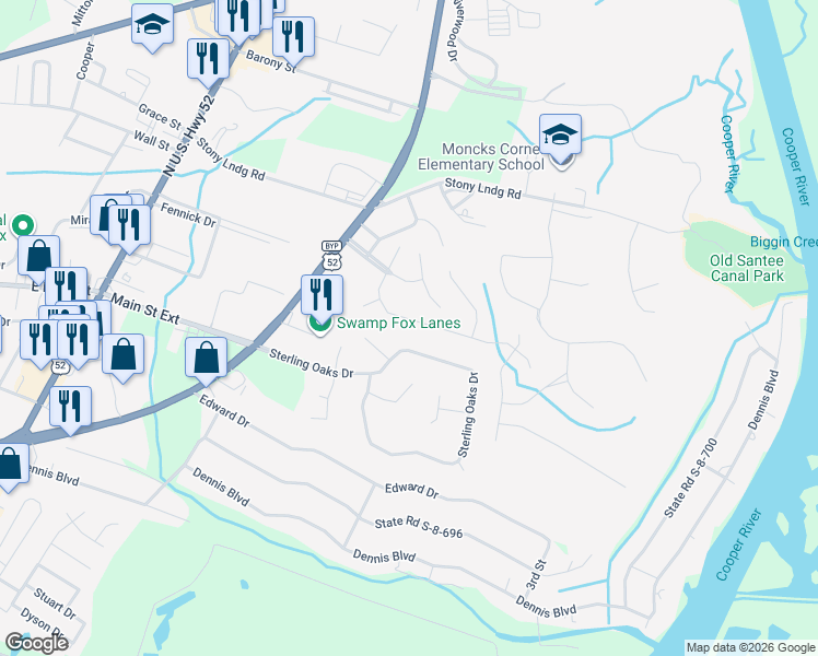 map of restaurants, bars, coffee shops, grocery stores, and more near 1401 Sterling Oaks Drive in Moncks Corner