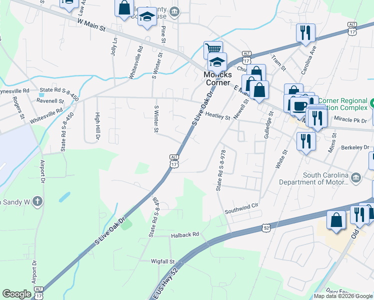 map of restaurants, bars, coffee shops, grocery stores, and more near 306 South Live Oak Drive in Moncks Corner