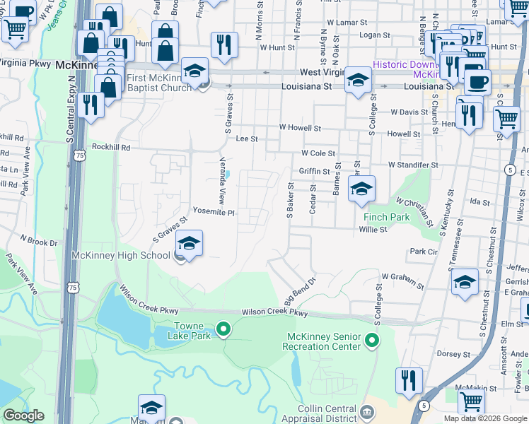 map of restaurants, bars, coffee shops, grocery stores, and more near 900 Hermitage Lane in McKinney