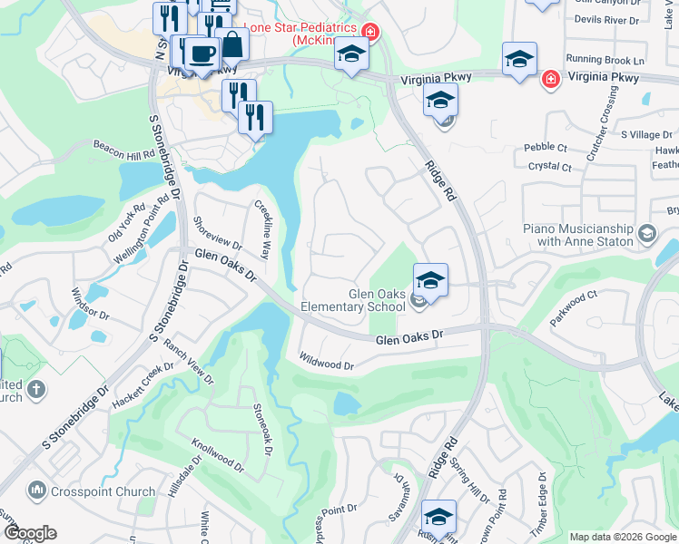 map of restaurants, bars, coffee shops, grocery stores, and more near 6305 Avalon Woods Drive in McKinney