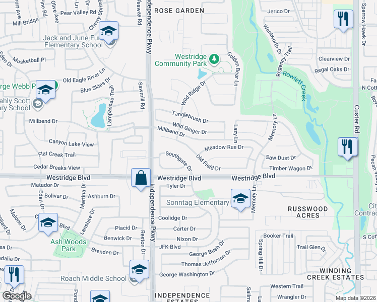 map of restaurants, bars, coffee shops, grocery stores, and more near 9829 Old Field Drive in McKinney