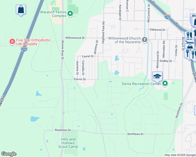 map of restaurants, bars, coffee shops, grocery stores, and more near 2161 Highland Park Road in Denton