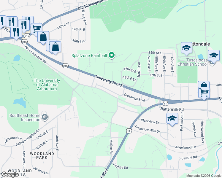 map of restaurants, bars, coffee shops, grocery stores, and more near 5390 University Boulevard East in Tuscaloosa