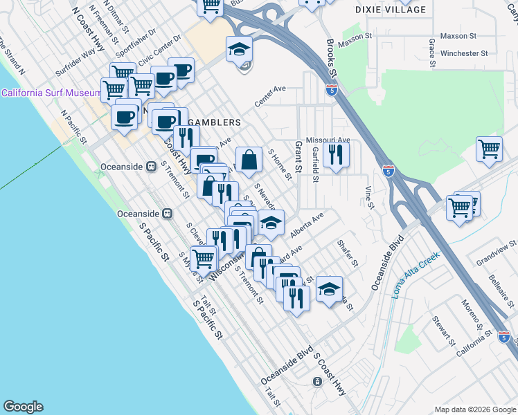 map of restaurants, bars, coffee shops, grocery stores, and more near 610 South Ditmar Street in Oceanside