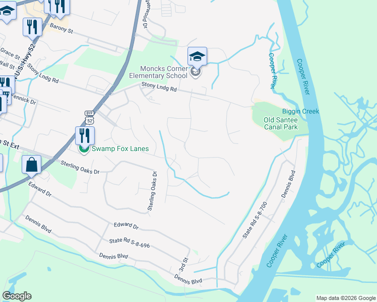 map of restaurants, bars, coffee shops, grocery stores, and more near 1403 Francis Marion Circle in Moncks Corner