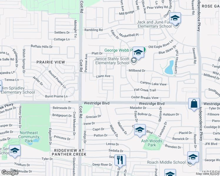 map of restaurants, bars, coffee shops, grocery stores, and more near 13148 Edgemont Lane in Frisco
