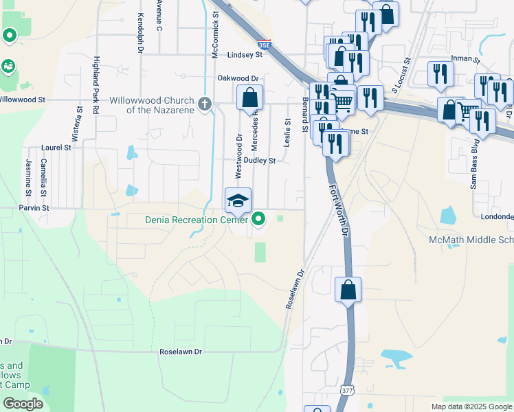 map of restaurants, bars, coffee shops, grocery stores, and more near 2414 Jacqueline Drive in Denton