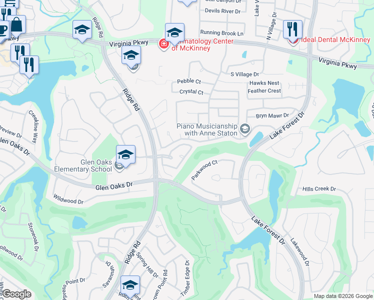map of restaurants, bars, coffee shops, grocery stores, and more near 905 Bridge Point Circle in McKinney