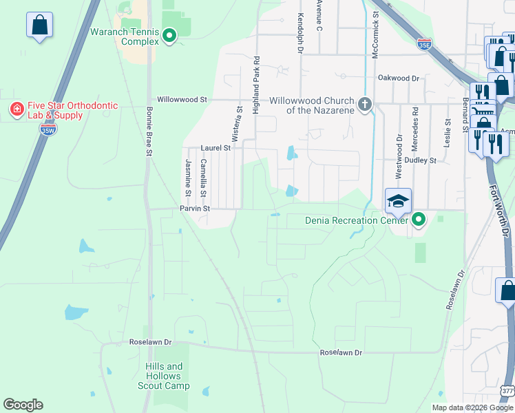 map of restaurants, bars, coffee shops, grocery stores, and more near 2117 Highland Park Road in Denton