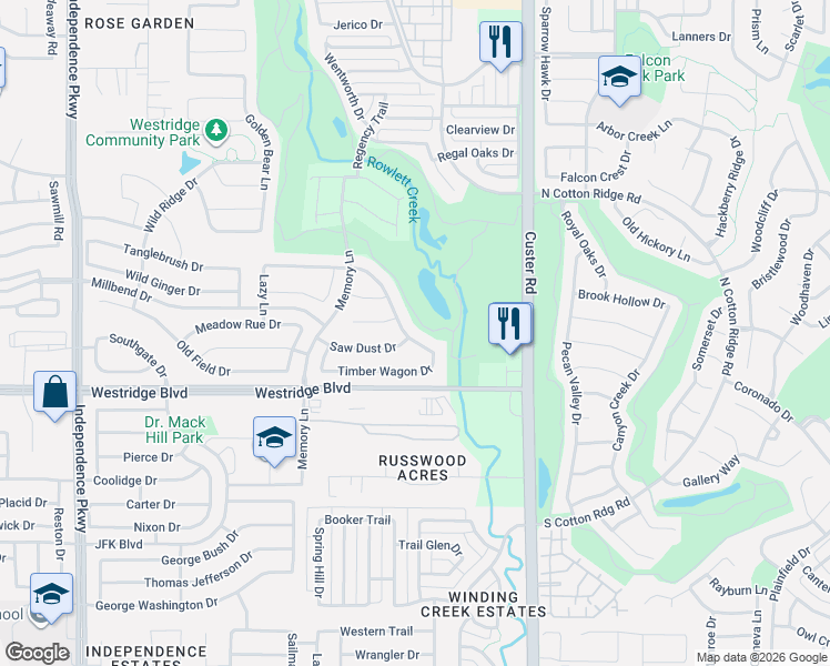 map of restaurants, bars, coffee shops, grocery stores, and more near 9404 Saw Dust Drive in McKinney