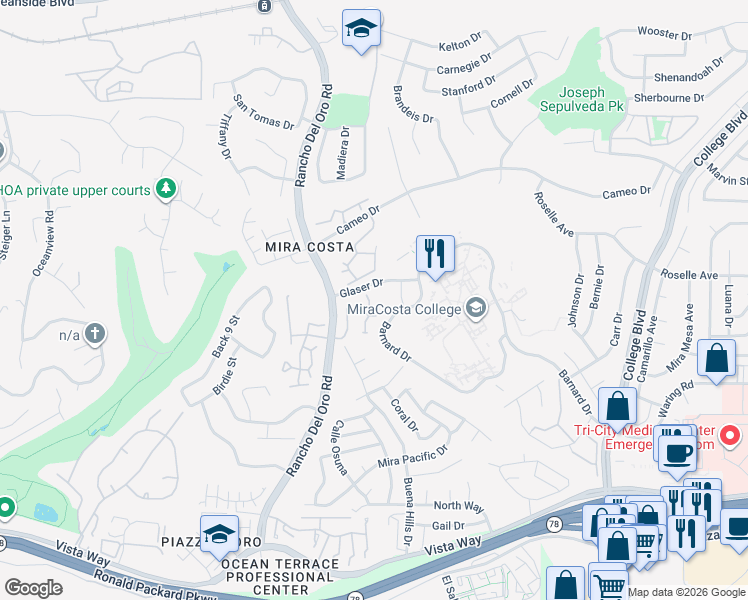 map of restaurants, bars, coffee shops, grocery stores, and more near 2335 Rancho Del Oro Road in Oceanside
