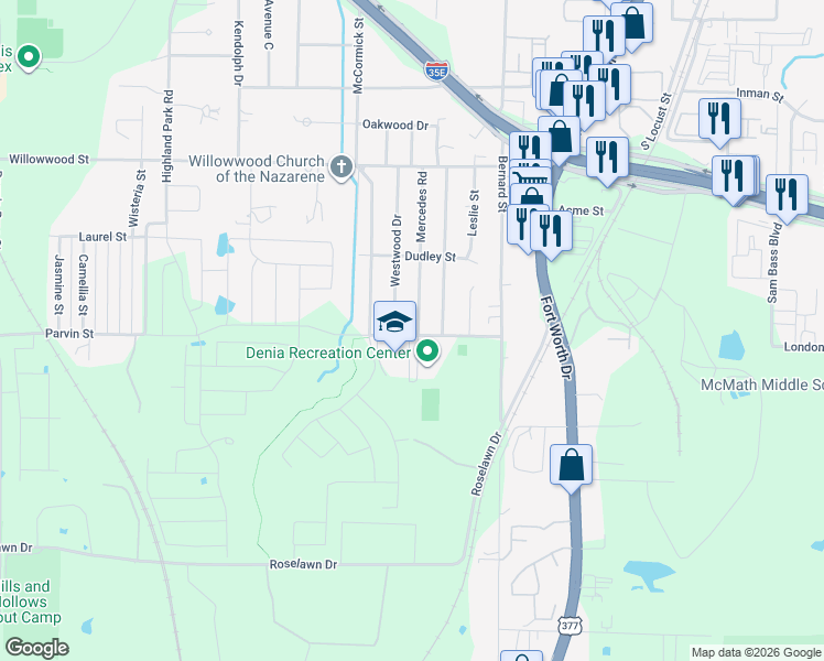 map of restaurants, bars, coffee shops, grocery stores, and more near 1201 Parvin Street in Denton