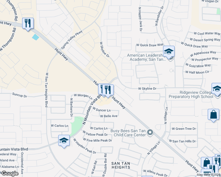 map of restaurants, bars, coffee shops, grocery stores, and more near 34300 North Woodland Drive in San Tan Valley