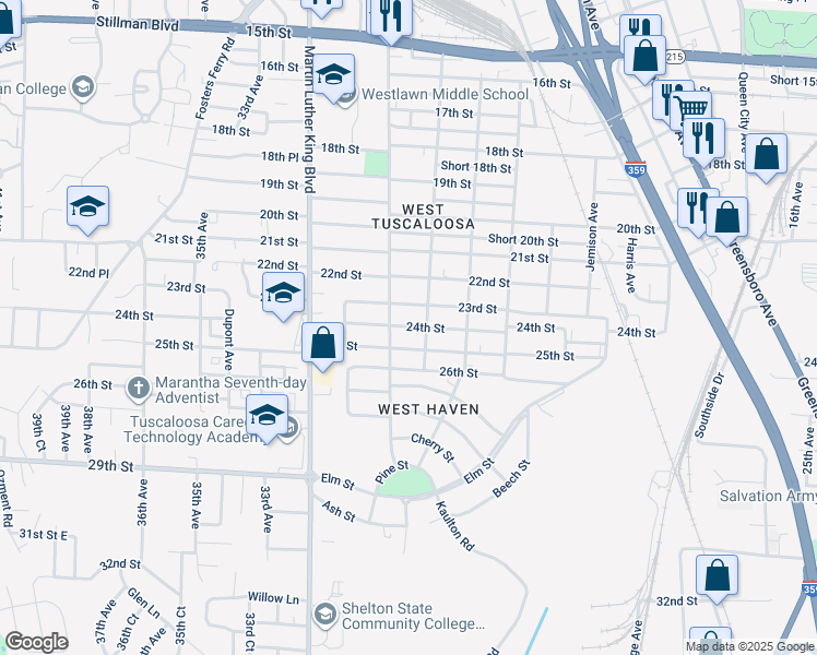 map of restaurants, bars, coffee shops, grocery stores, and more near 2917 24th Street in Tuscaloosa