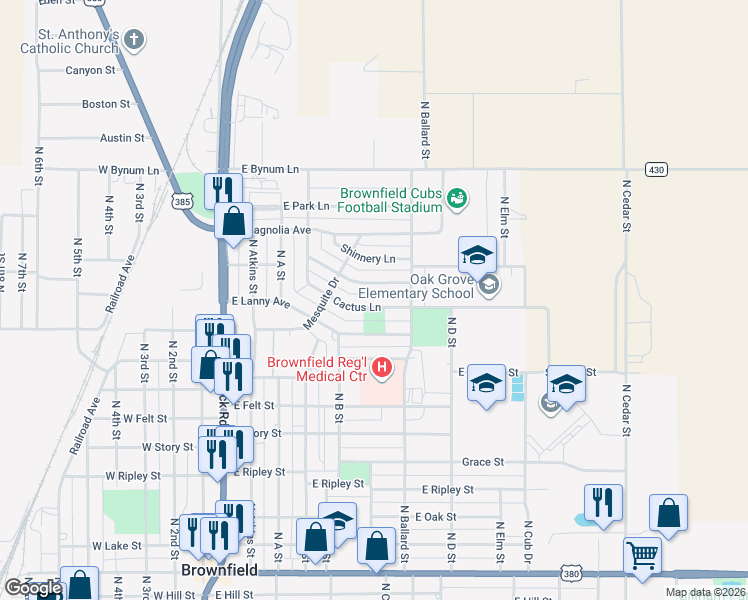 map of restaurants, bars, coffee shops, grocery stores, and more near 726-798 Cactus Lane in Brownfield