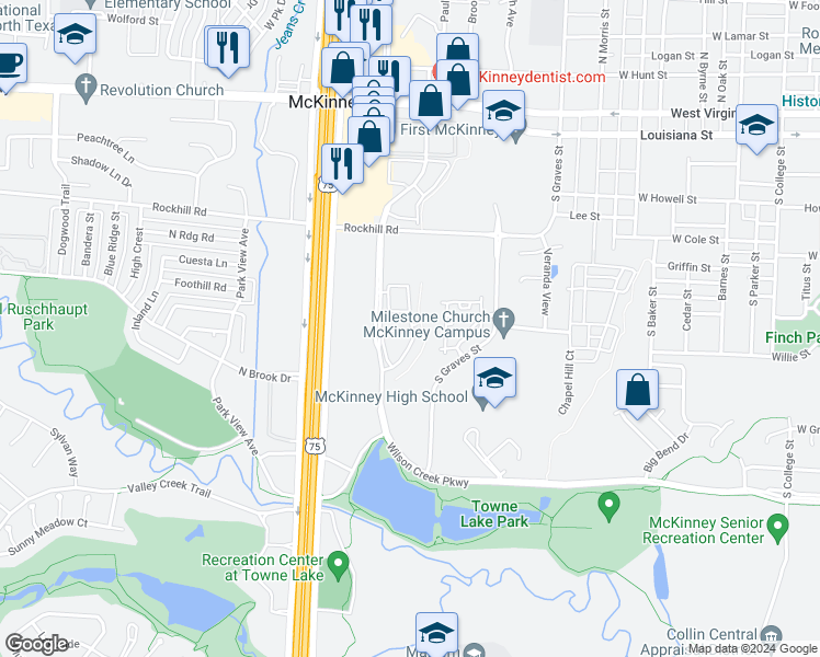 map of restaurants, bars, coffee shops, grocery stores, and more near 901 Wilson Creek Boulevard in McKinney