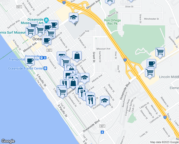 map of restaurants, bars, coffee shops, grocery stores, and more near 615 South Clementine Street in Oceanside