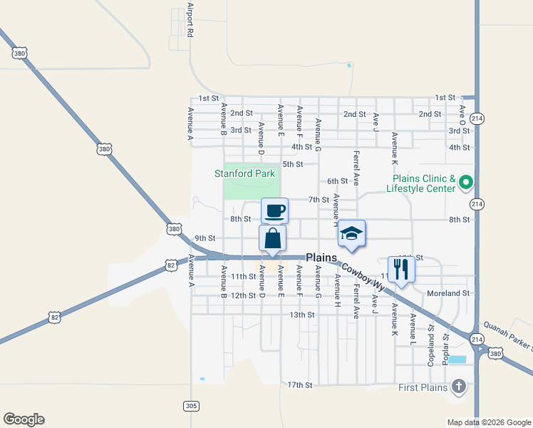 map of restaurants, bars, coffee shops, grocery stores, and more near 405-407 8th Street in Plains