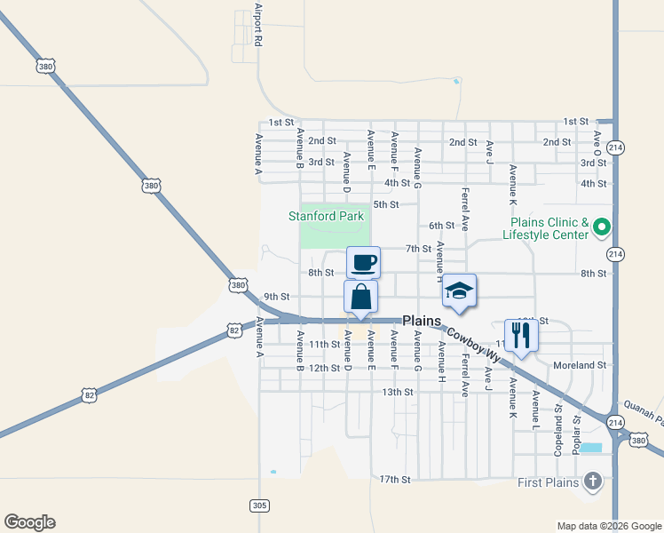 map of restaurants, bars, coffee shops, grocery stores, and more near 201-301 8th Street in Plains