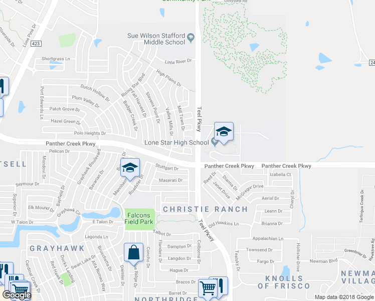 map of restaurants, bars, coffee shops, grocery stores, and more near 2442 Mackinac Drive in Frisco