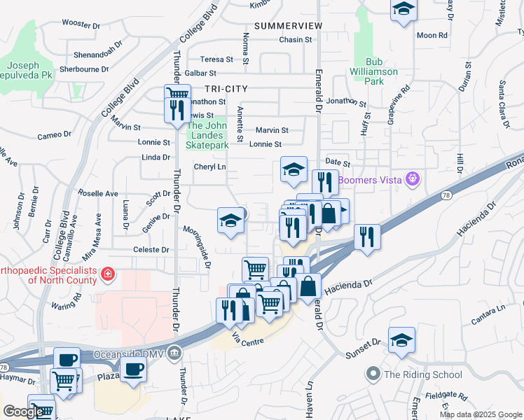 map of restaurants, bars, coffee shops, grocery stores, and more near 1969 West Drive in Vista