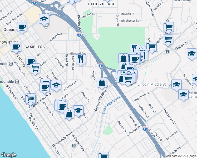 map of restaurants, bars, coffee shops, grocery stores, and more near 930 Birchley Place in Oceanside