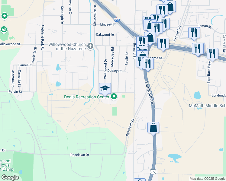 map of restaurants, bars, coffee shops, grocery stores, and more near 2414 Jacqueline Drive in Denton