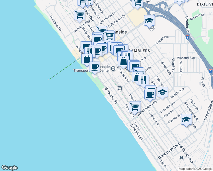 map of restaurants, bars, coffee shops, grocery stores, and more near 208 South Pacific Street in Oceanside