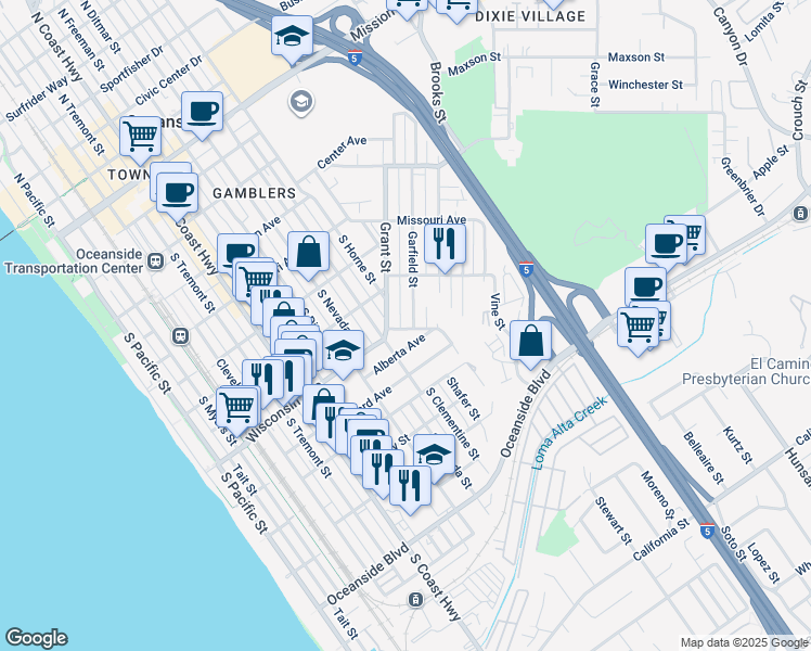 map of restaurants, bars, coffee shops, grocery stores, and more near 1020 Wisconsin Avenue in Oceanside