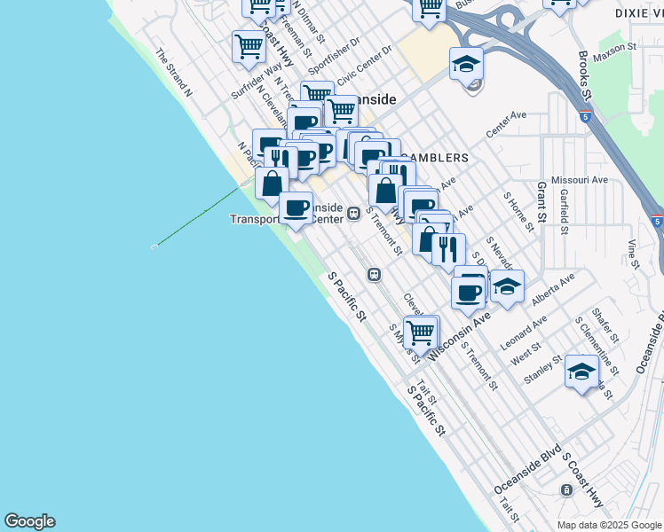 map of restaurants, bars, coffee shops, grocery stores, and more near 208 South Pacific Street in Oceanside