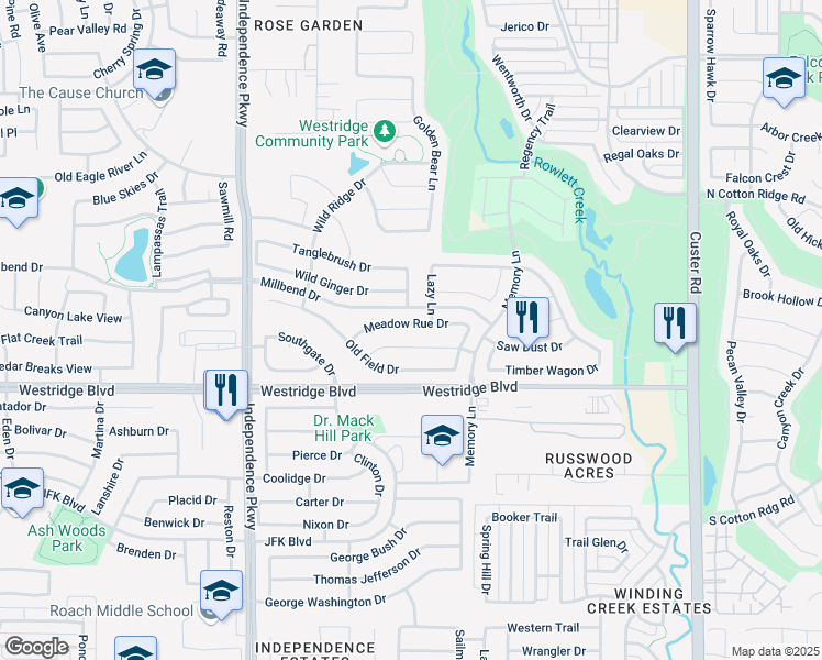 map of restaurants, bars, coffee shops, grocery stores, and more near 9808 Hedge Bell Drive in McKinney