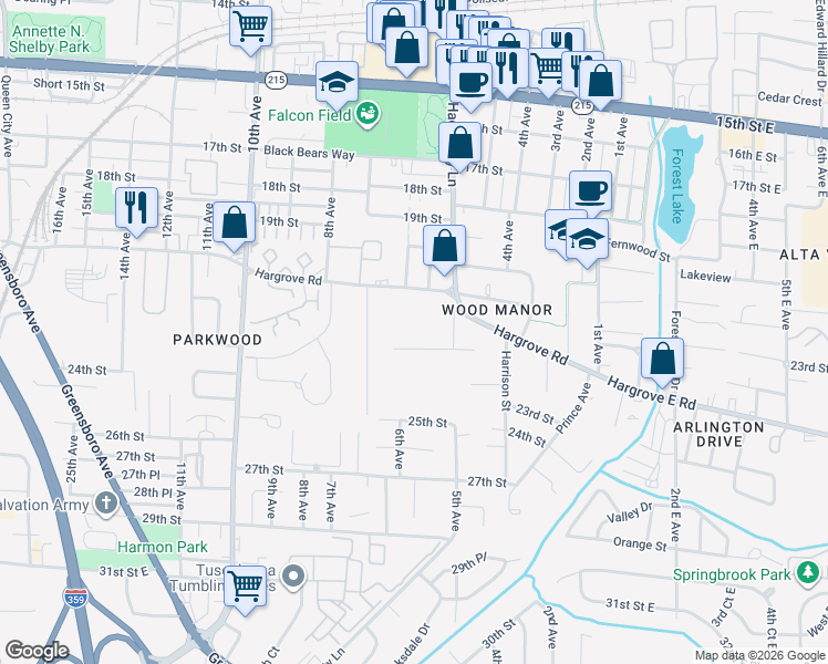 map of restaurants, bars, coffee shops, grocery stores, and more near 12-14 Hillcrest Drive in Tuscaloosa