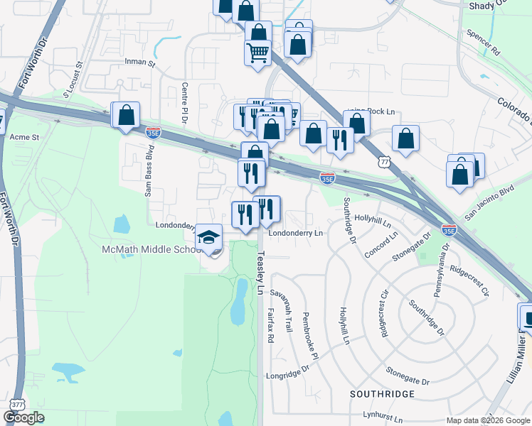 map of restaurants, bars, coffee shops, grocery stores, and more near 1721 Teasley Lane in Denton