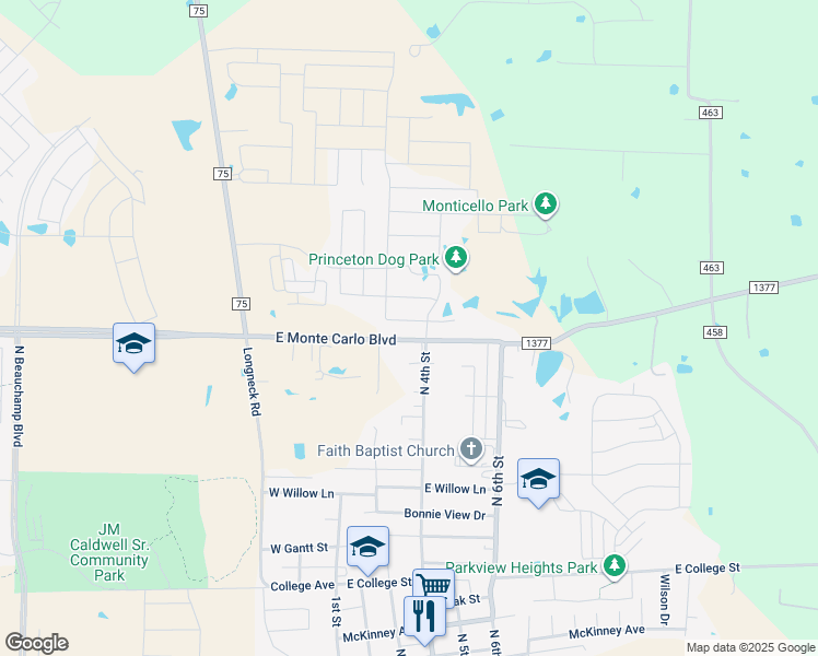 map of restaurants, bars, coffee shops, grocery stores, and more near 325 Monte Carlo Boulevard in Princeton